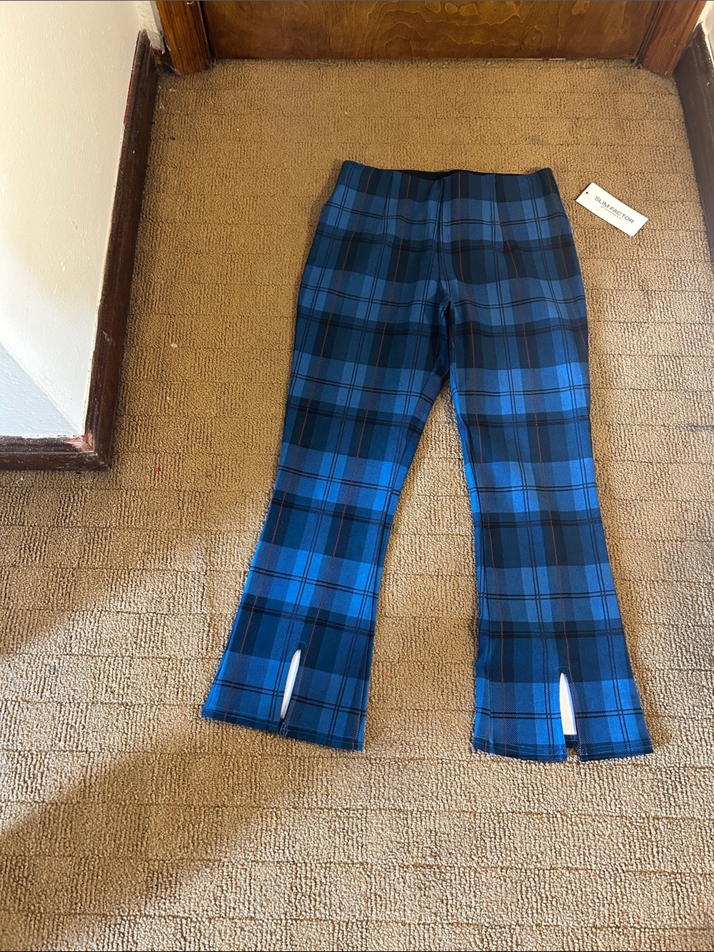 Investments Blue and Black Plaid Slim Flare Pants with Front Slits